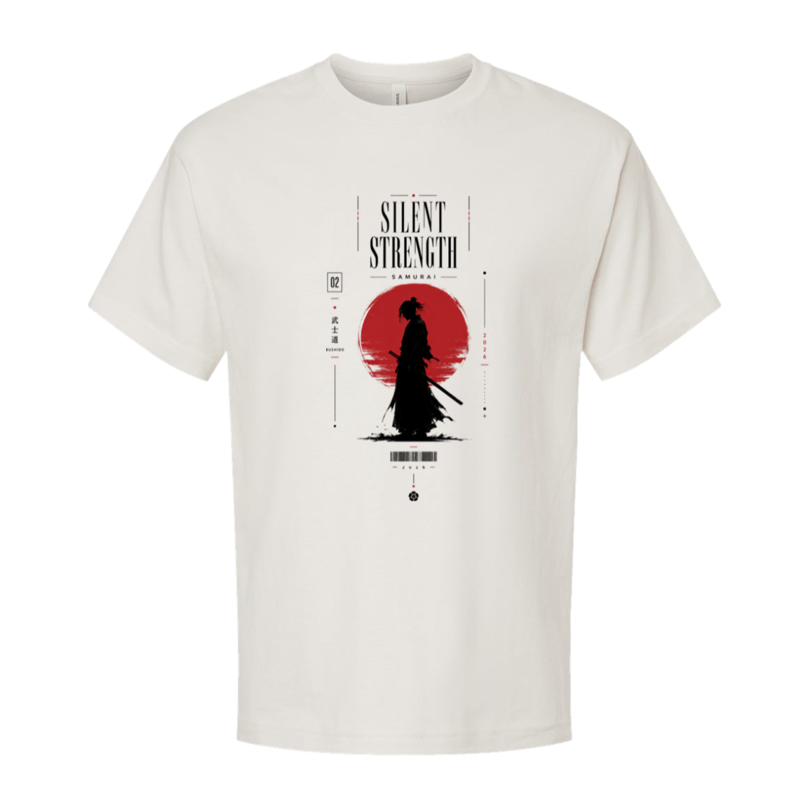 Silent Strength samurai oversized streetwear tee in vintage white, original Japanese graphic by TLAB