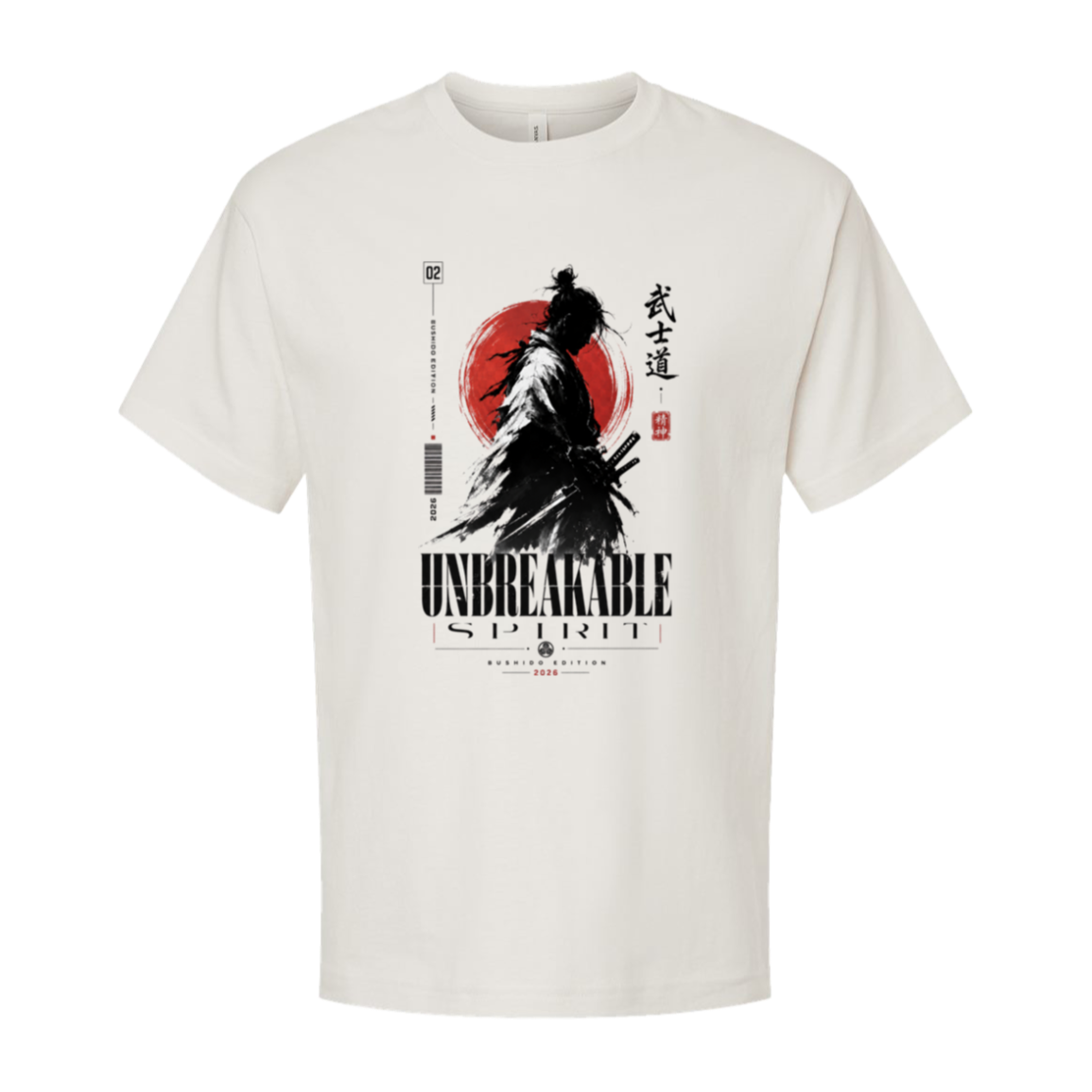 Unbreakable Spirit samurai oversized streetwear tee in vintage white, original Japanese graphic by TLAB