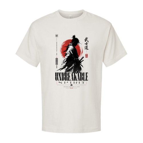 Unbreakable Spirit samurai oversized streetwear tee in vintage white, original Japanese graphic by TLAB