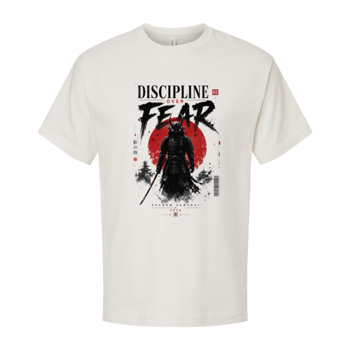 Discipline Over Fear samurai oversized streetwear tee in vintage white, Japanese-inspired graphic by TLAB